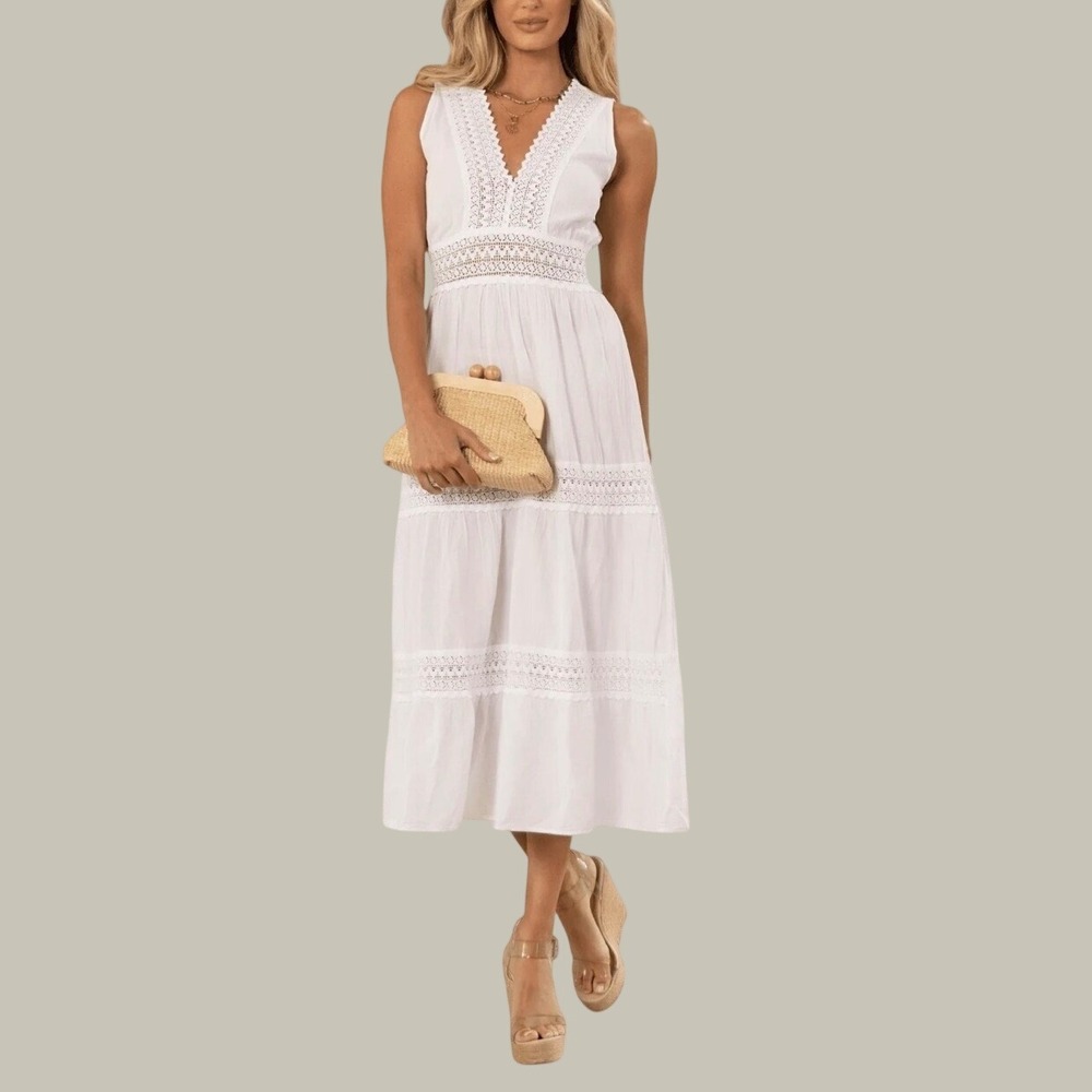 Seaspice Gabrielle White Tiered Crochet Maxi Dress, Medium, Beach Photos, Resort